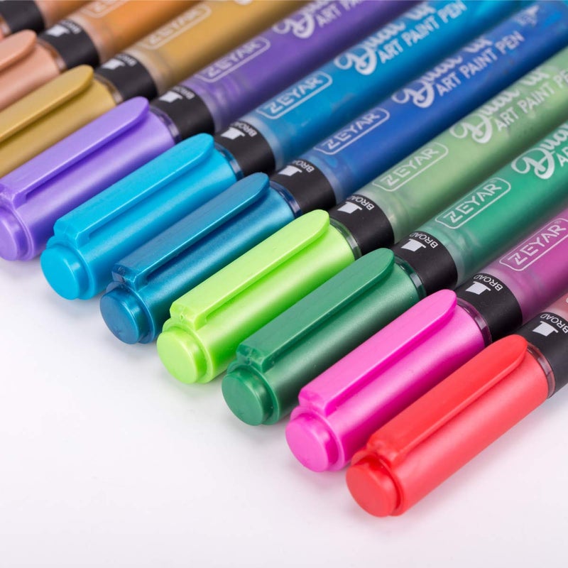 ZEYAR Dual Tip Acrylic Paint Pens 12 Metallic Colors, Board and Extra Fine Tips, Patented product, Water Based Acrylic & Waterproof Ink (12 Metallic Colors) - Image 1